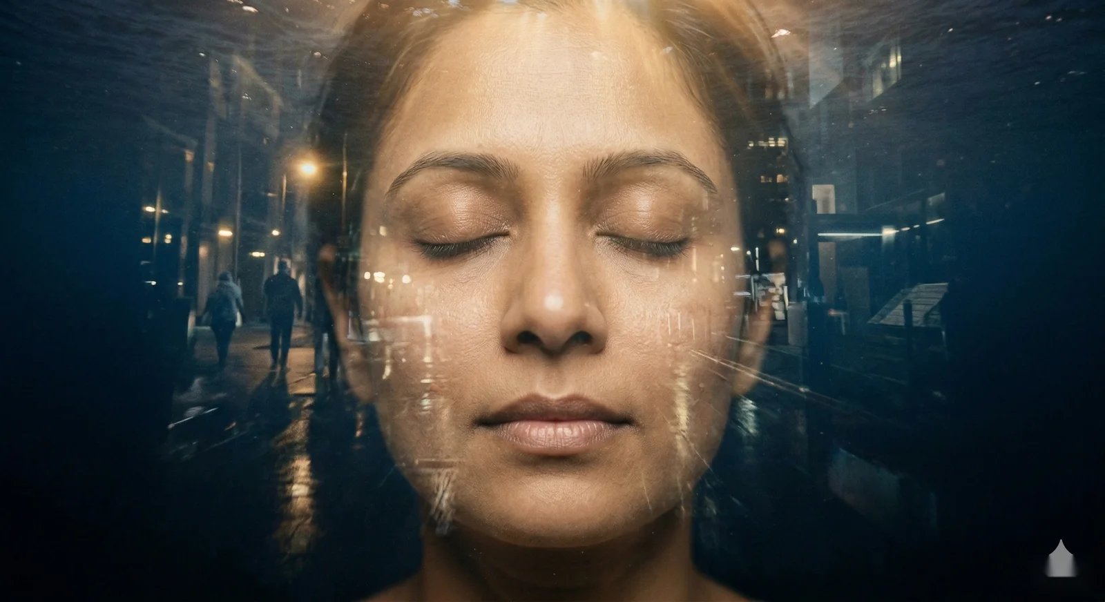 Portrait en double exposition, visage en méditation et monde urbain fragmenté derrière