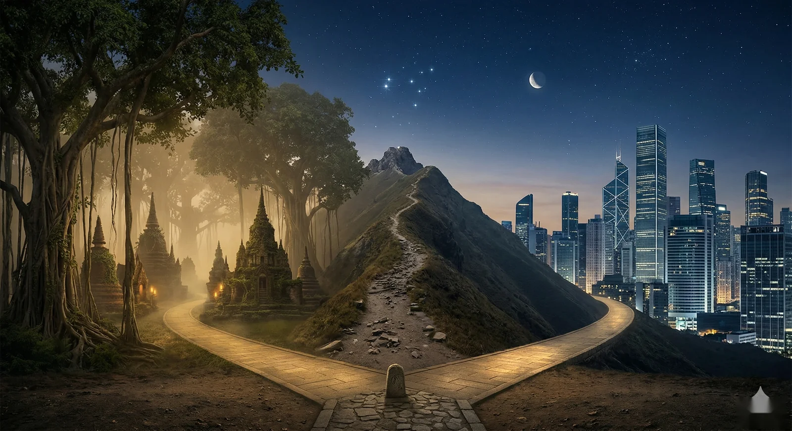 Deux chemins divergents au crépuscule, l'un vers une forêt orientale, l'autre vers une cité occidentale