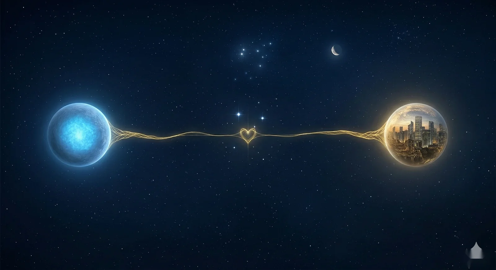 Deux sphères lumineuses séparées reliées par un fil d'or dans l'espace étoilé