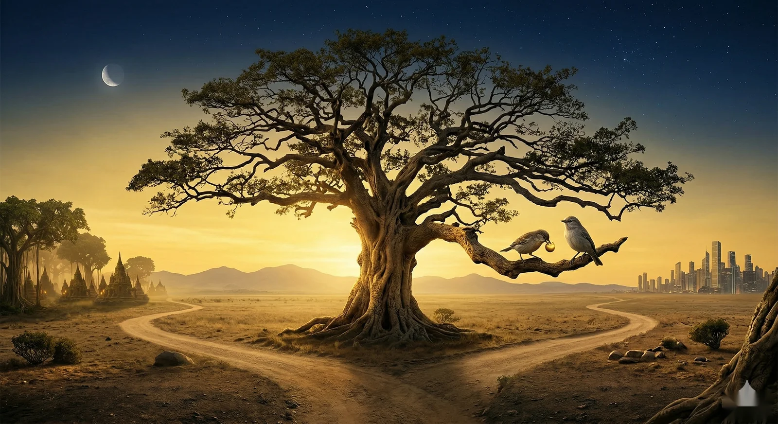 Arbre ancestral à l'aube avec deux oiseaux perchés sur une branche, parabole de la Mundaka Upanishad