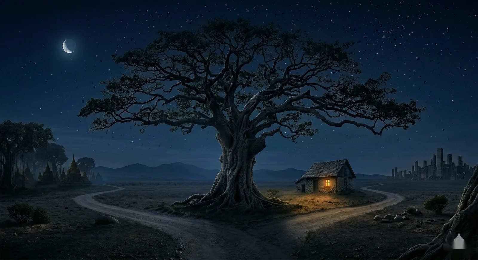 Maison solitaire au loin dans une vallée nocturne, une seule lumière dorée à la fenêtre