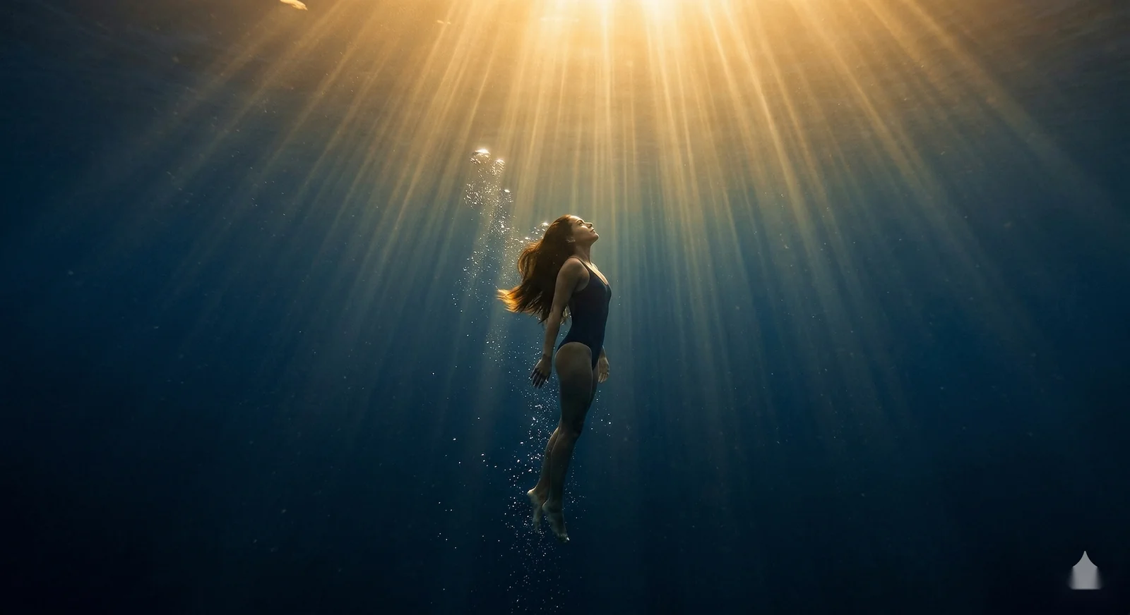 Plongeuse remontant lentement vers la surface dorée, corps ouvert, portée par la lumière d'en haut