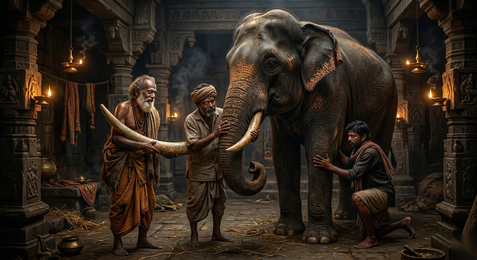 Trois aveugles touchant un éléphant dans un temple indien ancien, lumière dorée de lampes à huile