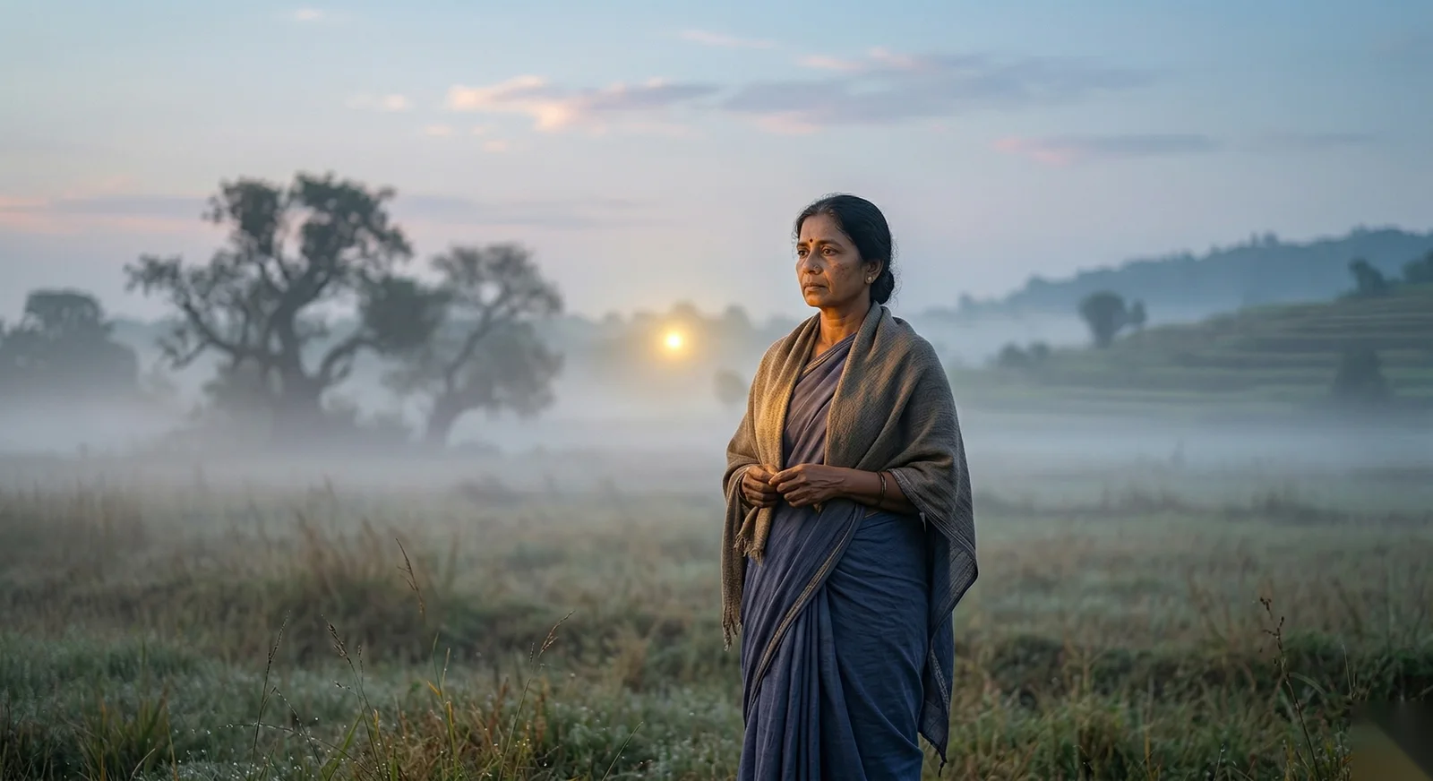 Femme sud-asiatique debout dans un champ à l'aube, point de lumière dorée décentré devant elle