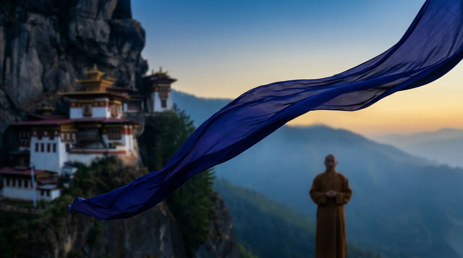 Bannière de soie indigo ondulant au vent devant un temple chinois au crépuscule, moine solitaire en arrière-plan