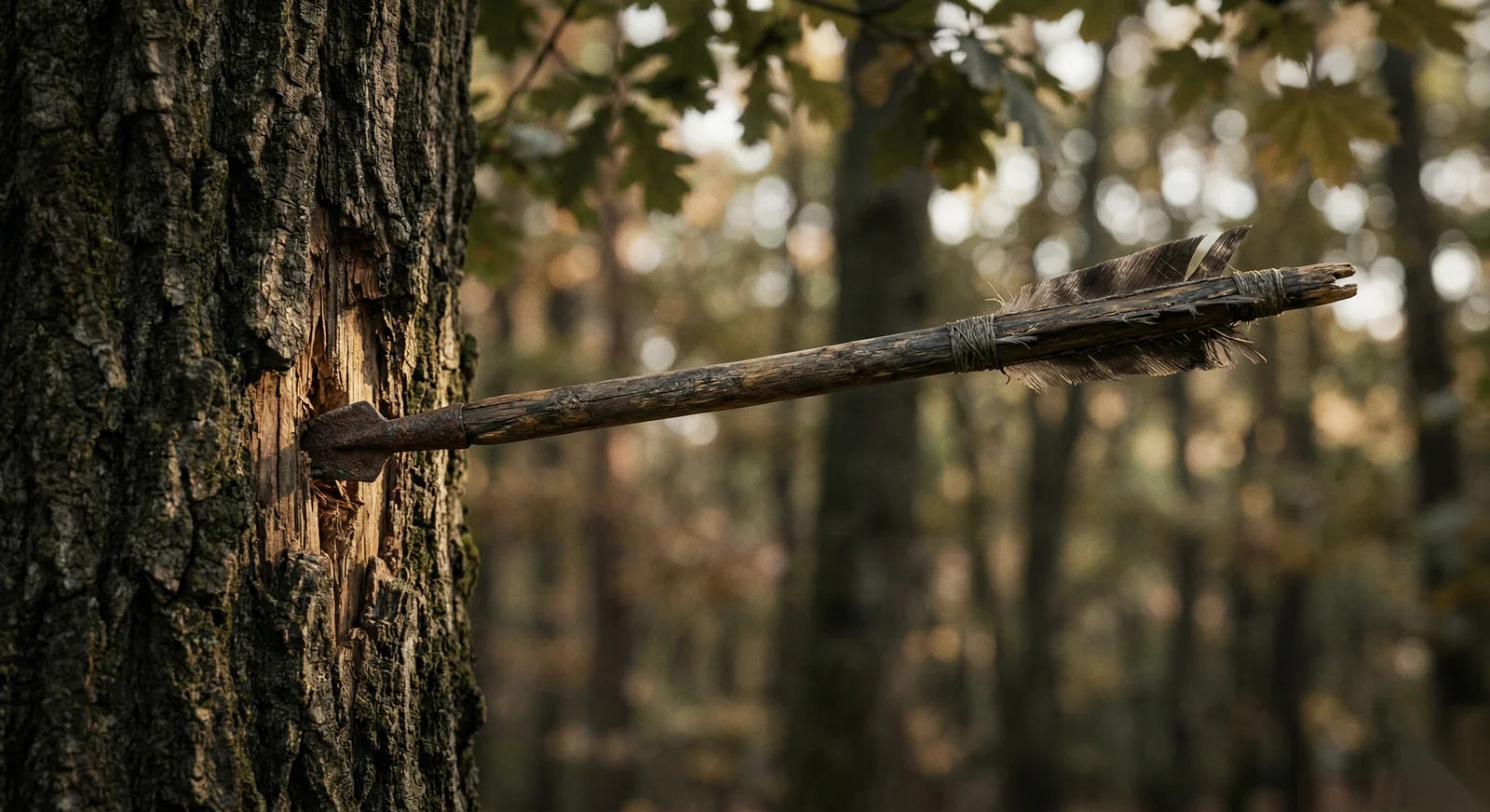 Flèche ancienne plantée dans un tronc d'arbre en forêt, lumière matinale dorée filtrant entre les feuilles