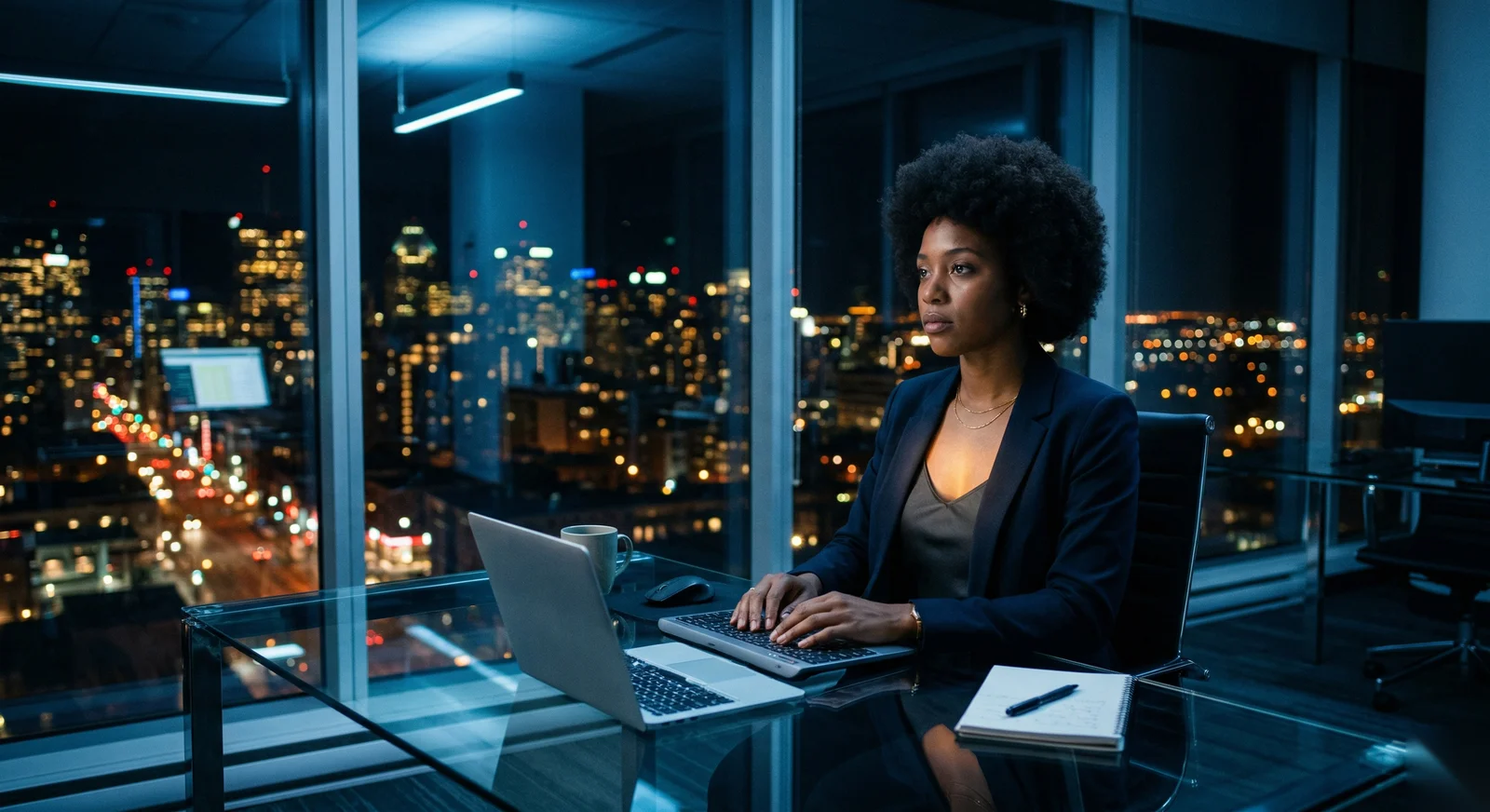 Jeune femme noire professionnelle dans un bureau la nuit, regard tourné vers l'intérieur, lueur chaude discrète