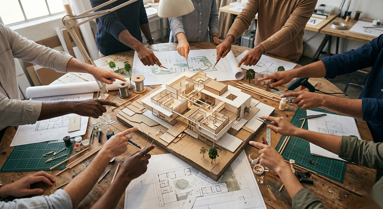Vue plongeante sur une table d'architecte avec mains diverses autour d'une maquette en construction