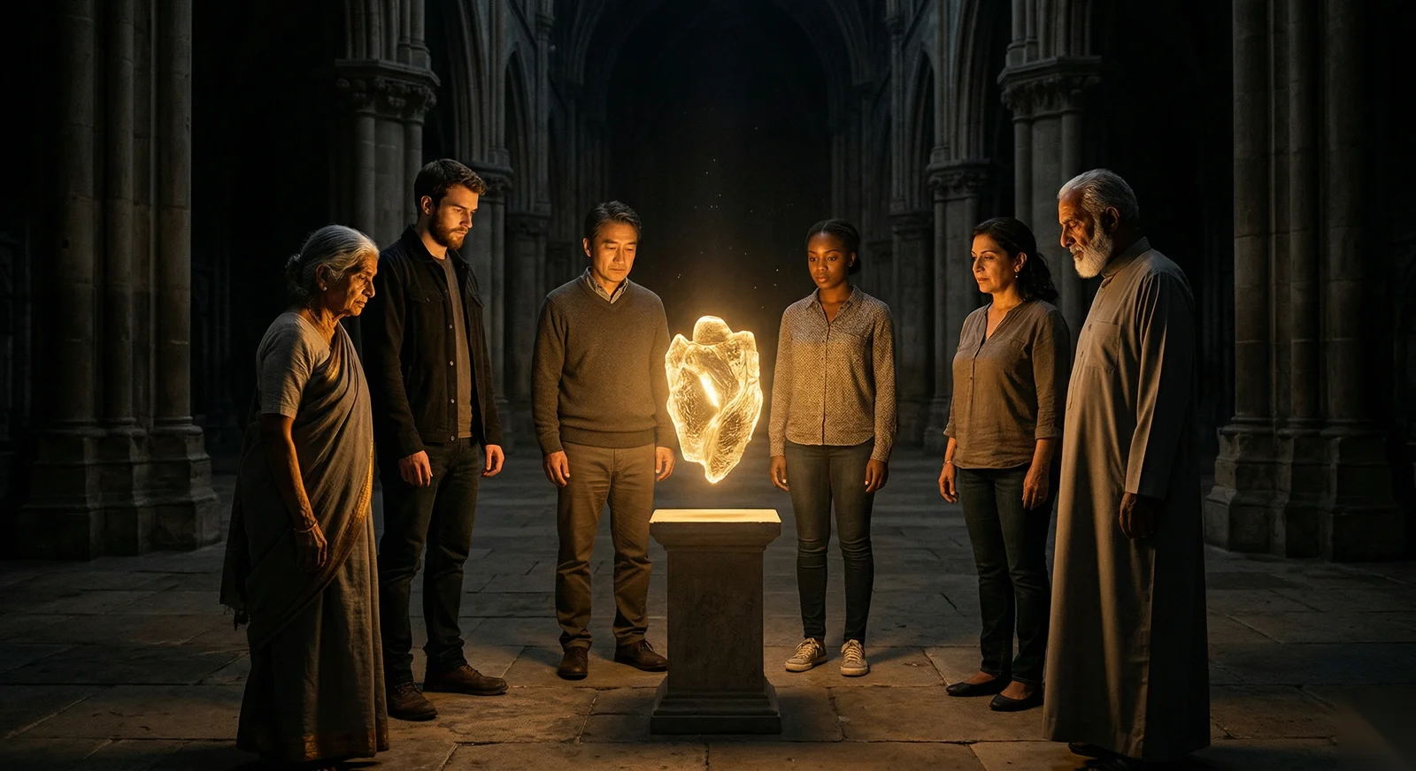 Cercle de six personnes diverses autour d'un objet lumineux doré au centre d'une pièce sombre