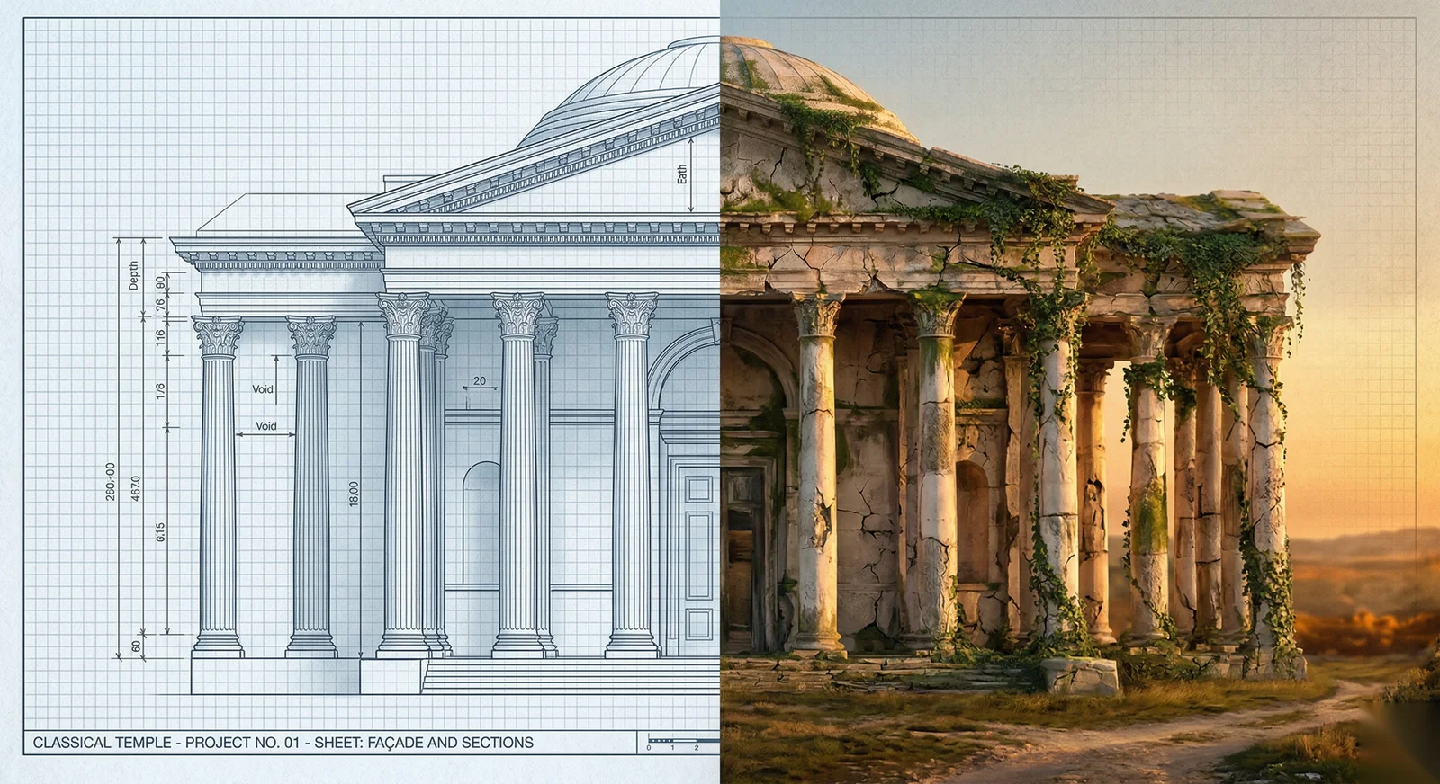 Composition divisée : à gauche un blueprint géométrique parfait en lumière froide, à droite la même structure bâtie et fissurée en lumière dorée