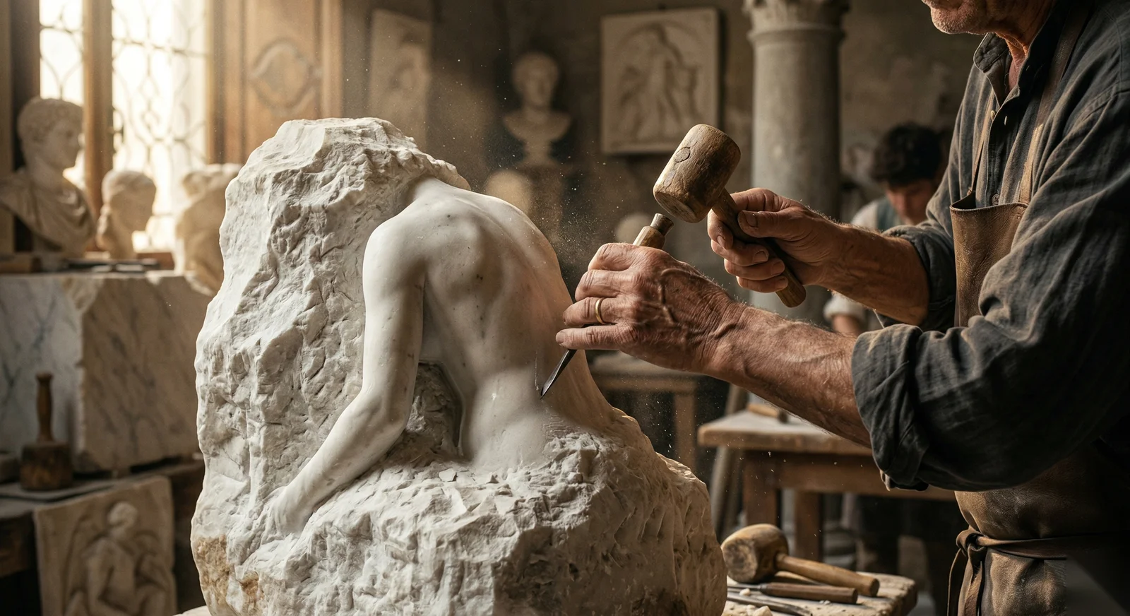 Mains d'un sculpteur âgé travaillant une figure émergeant d'un bloc de marbre brut, poussière dorée dans la lumière