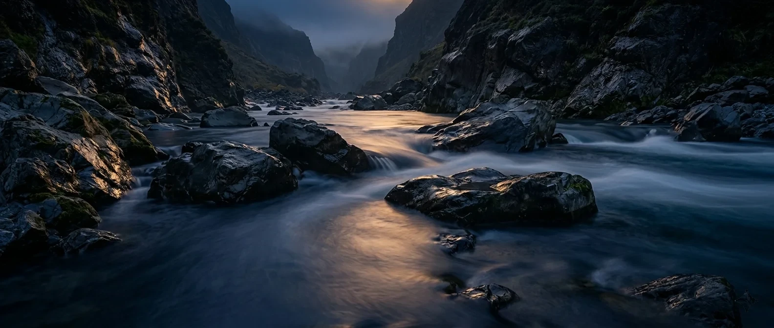 L'eau &eacute;pouse la pierre dans la lumi&egrave;re du cr&eacute;puscule