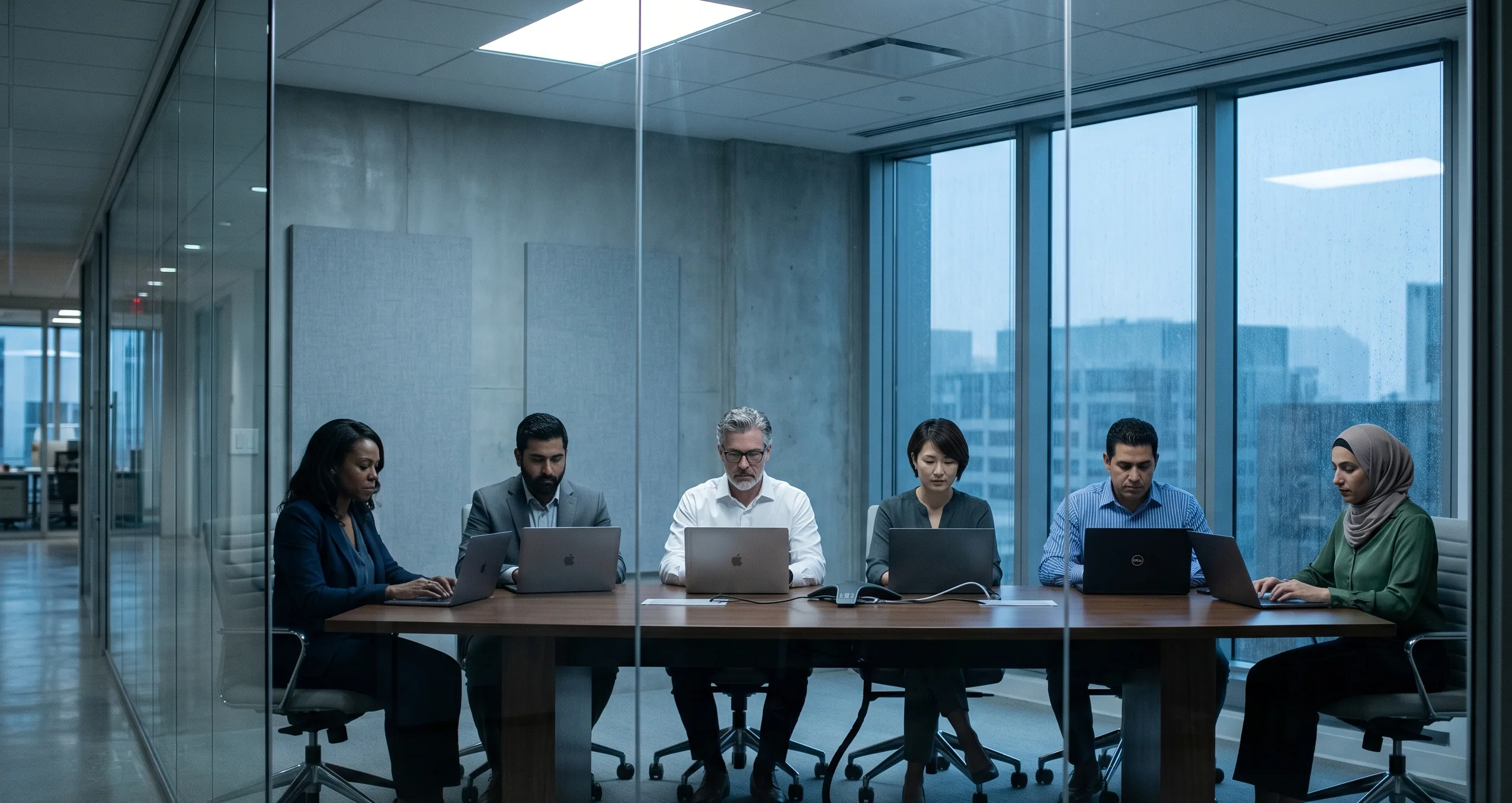 Corporate meeting room — everyone looking at screens, no one looking at each other