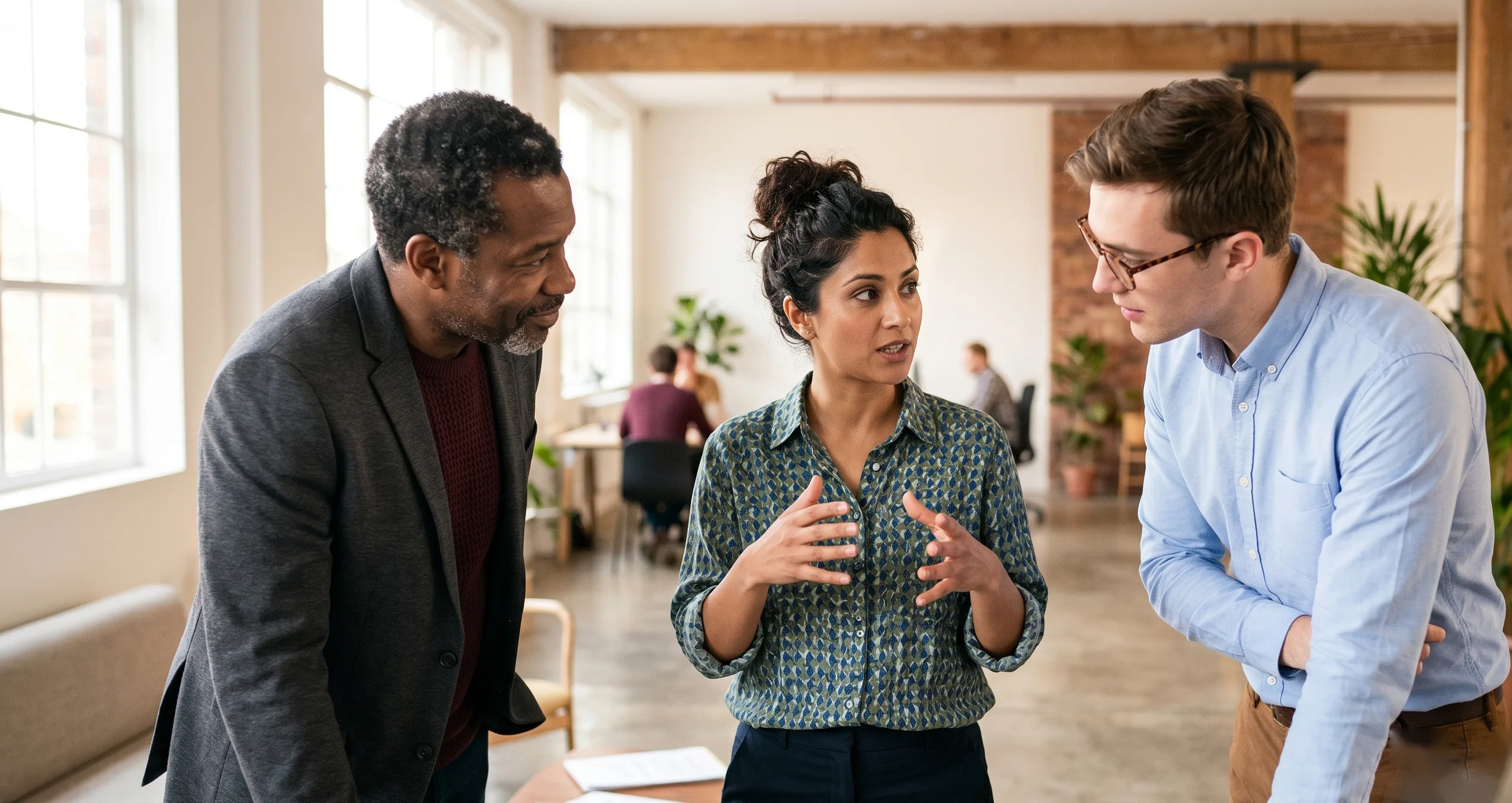 Three colleagues in an informal standing conversation — direct, alive, present