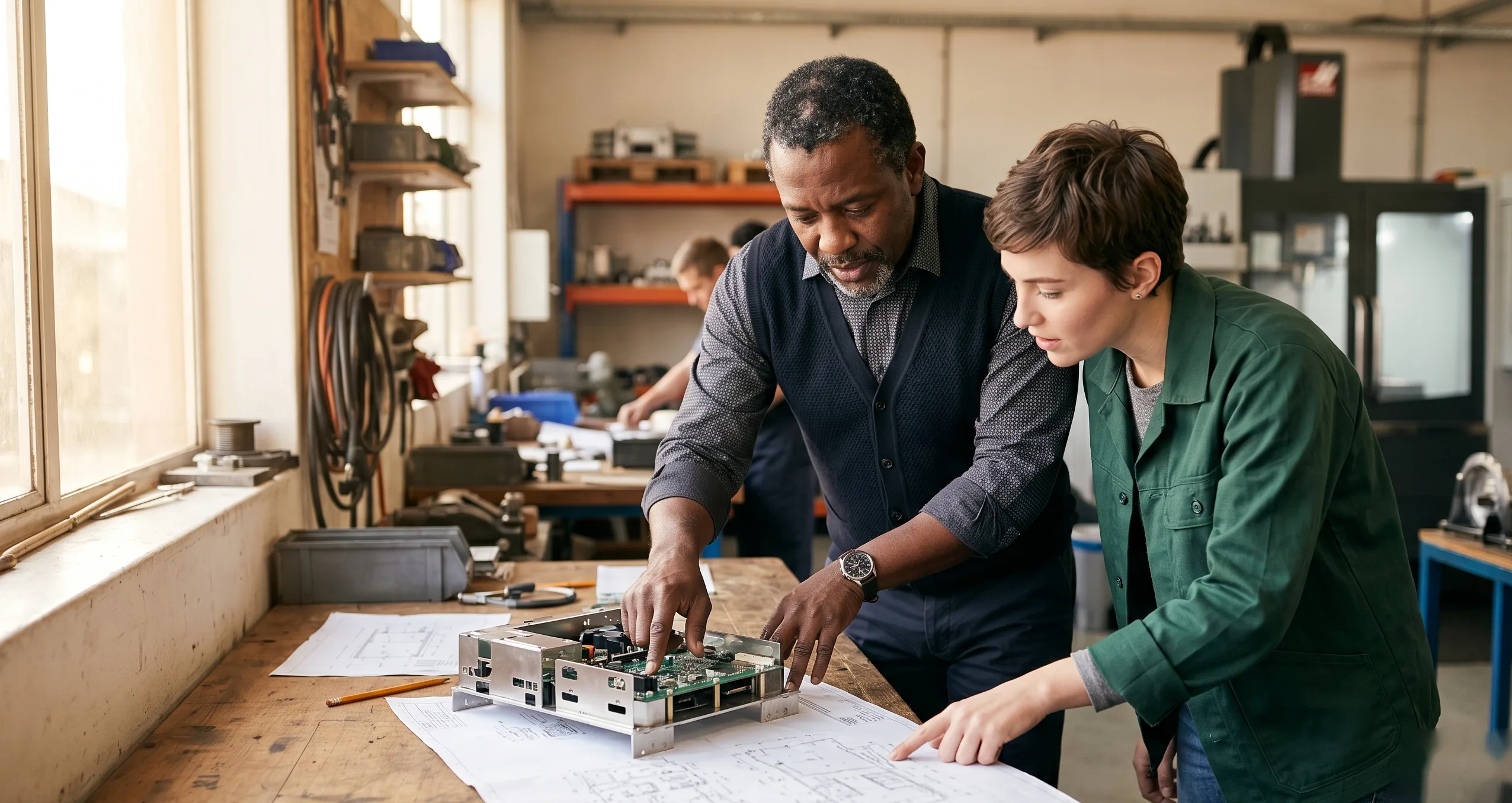 Two professionals engaged with a real object on a workshop table — presence in the field