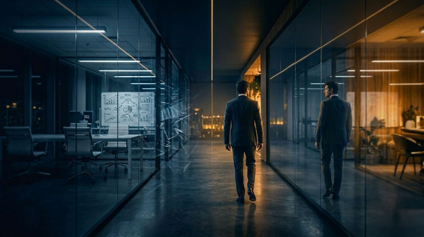 Un homme dans un couloir vitré — son reflet ne coïncide plus.