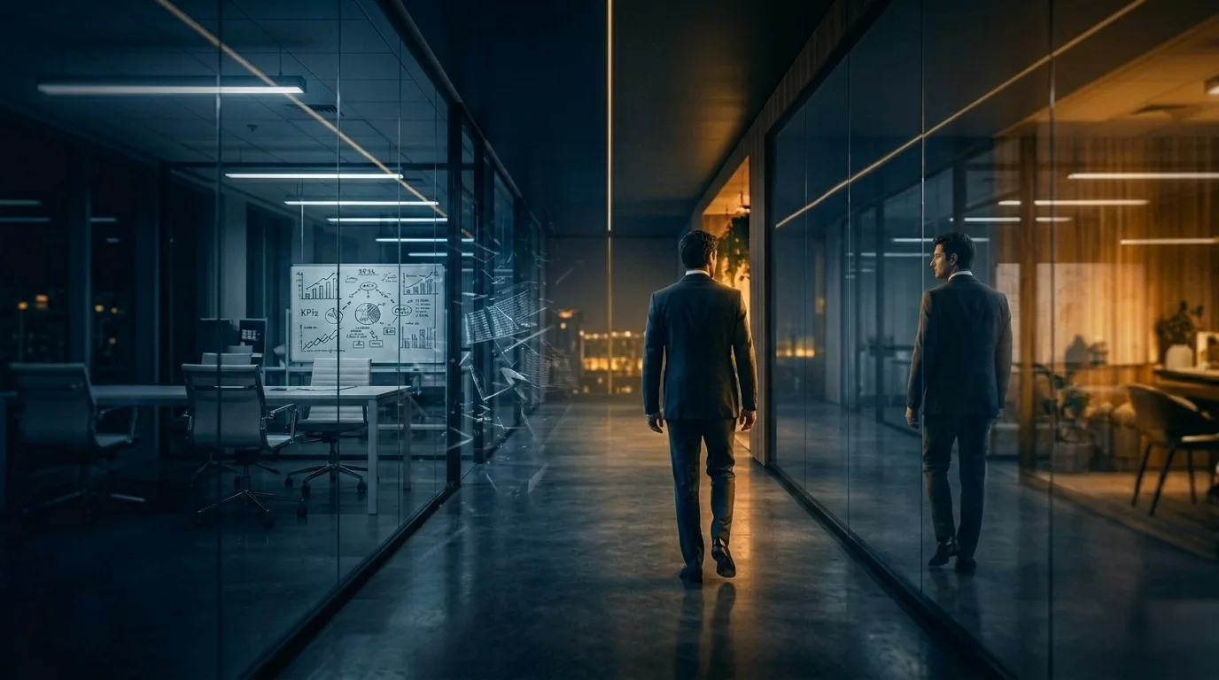 Un homme dans un couloir vitré — son reflet ne coïncide plus.