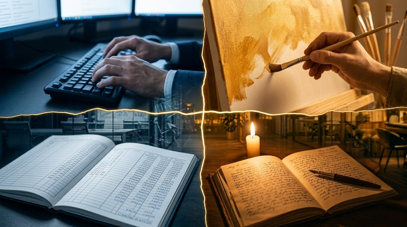 Quatre fragments de vies parallèles — clavier et pinceau, chiffres et journal.