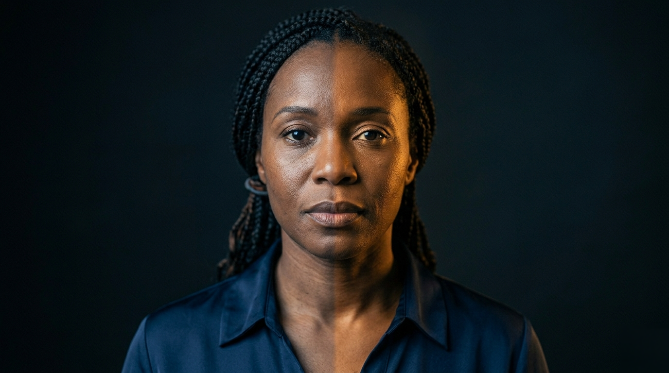 Un visage éclairé à moitié — lumière dorée d'un côté, ombre bleue de l'autre.