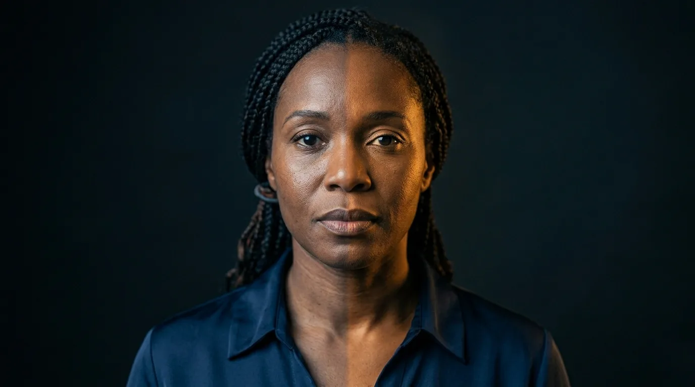 Un visage éclairé à moitié — lumière dorée d'un côté, ombre bleue de l'autre.