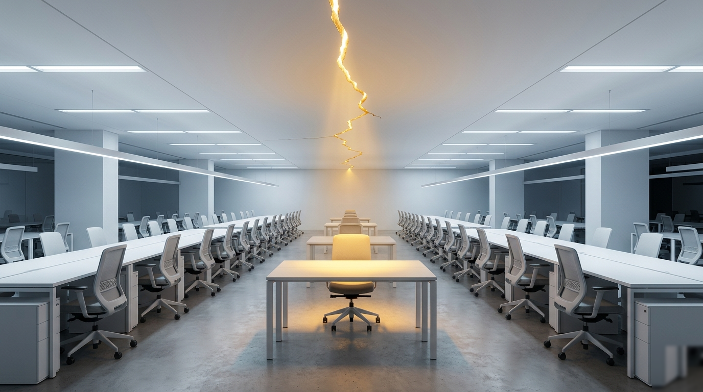 Un open space immaculé — une fissure dorée traverse le plafond au-dessus d'une chaise vide.