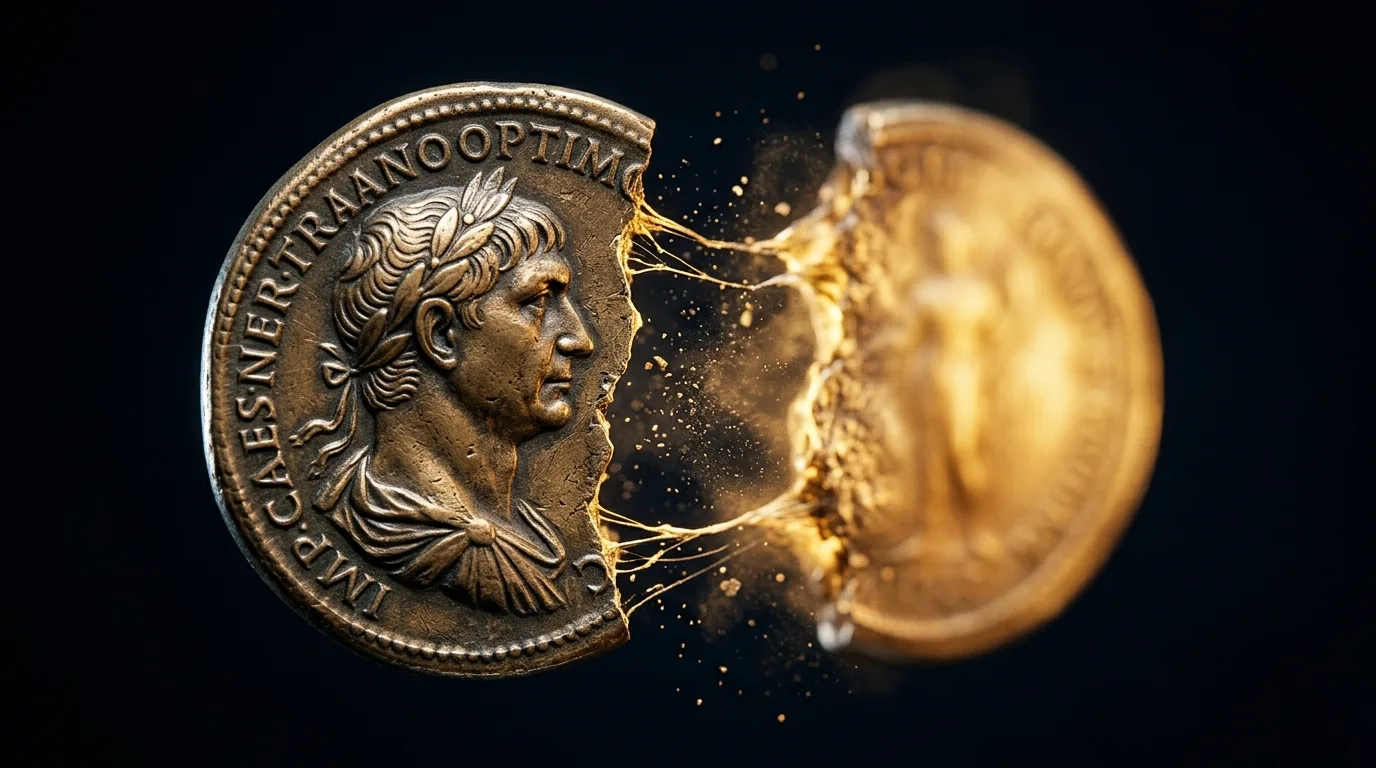 Une pièce de monnaie romaine se sépare en deux — bronze d'un côté, lumière dorée de l'autre.