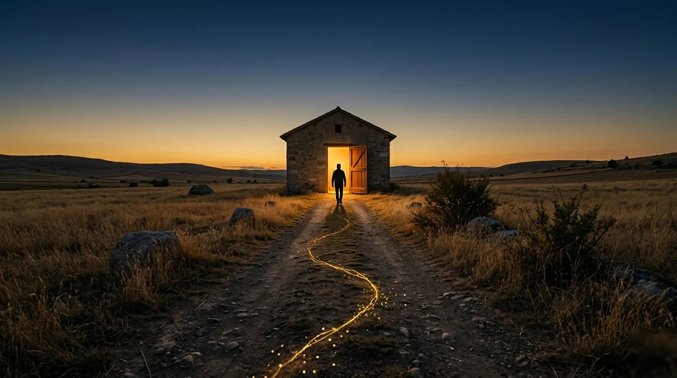 Une silhouette marche vers une maison de pierre dont la porte ouverte irradie une lumière dorée.
