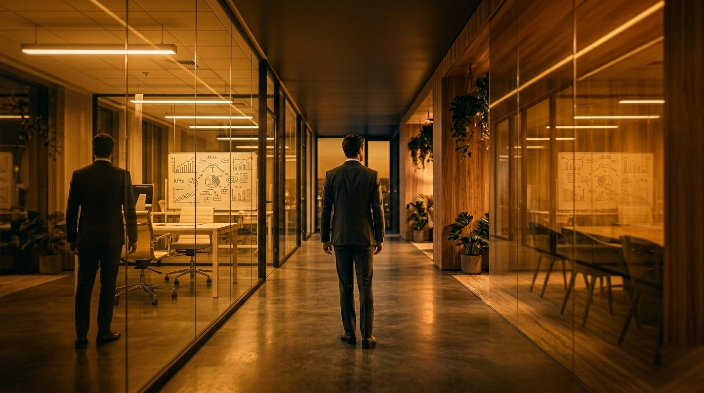 Le même couloir vitré — baigné de lumière ambrée, le reflet et l'homme ne font plus qu'un.