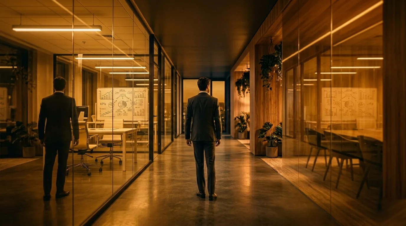 Le même couloir vitré — baigné de lumière ambrée, le reflet et l'homme ne font plus qu'un.