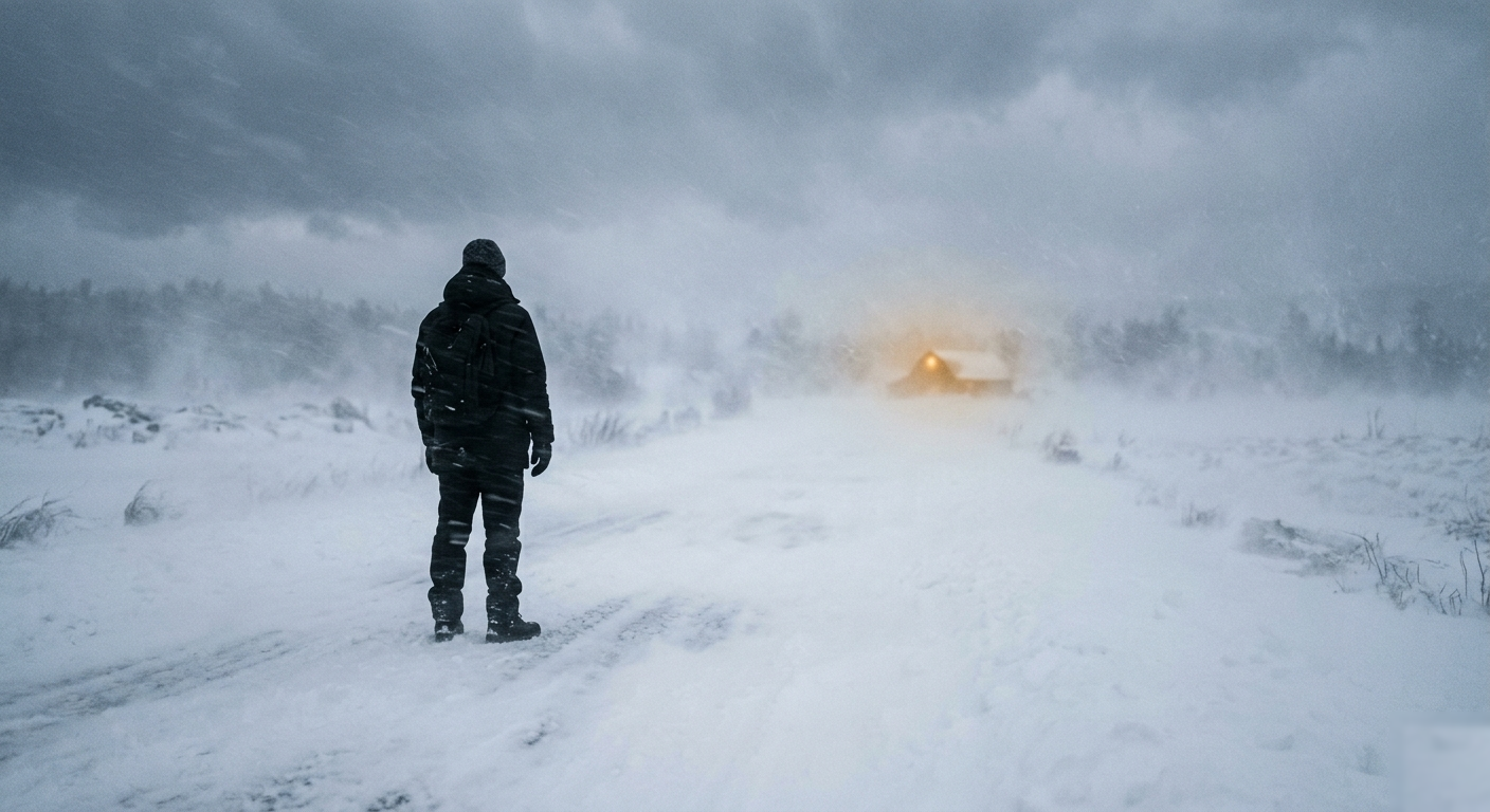 Une silhouette solitaire dans un blizzard, une lueur dorée au loin.