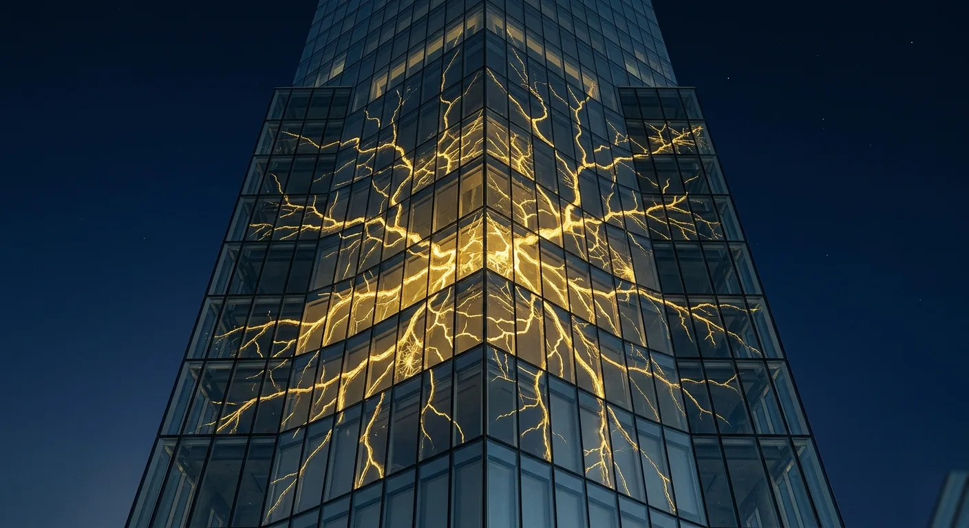 Une tour corporate dont la façade se fissure, laissant passer une lumière dorée.