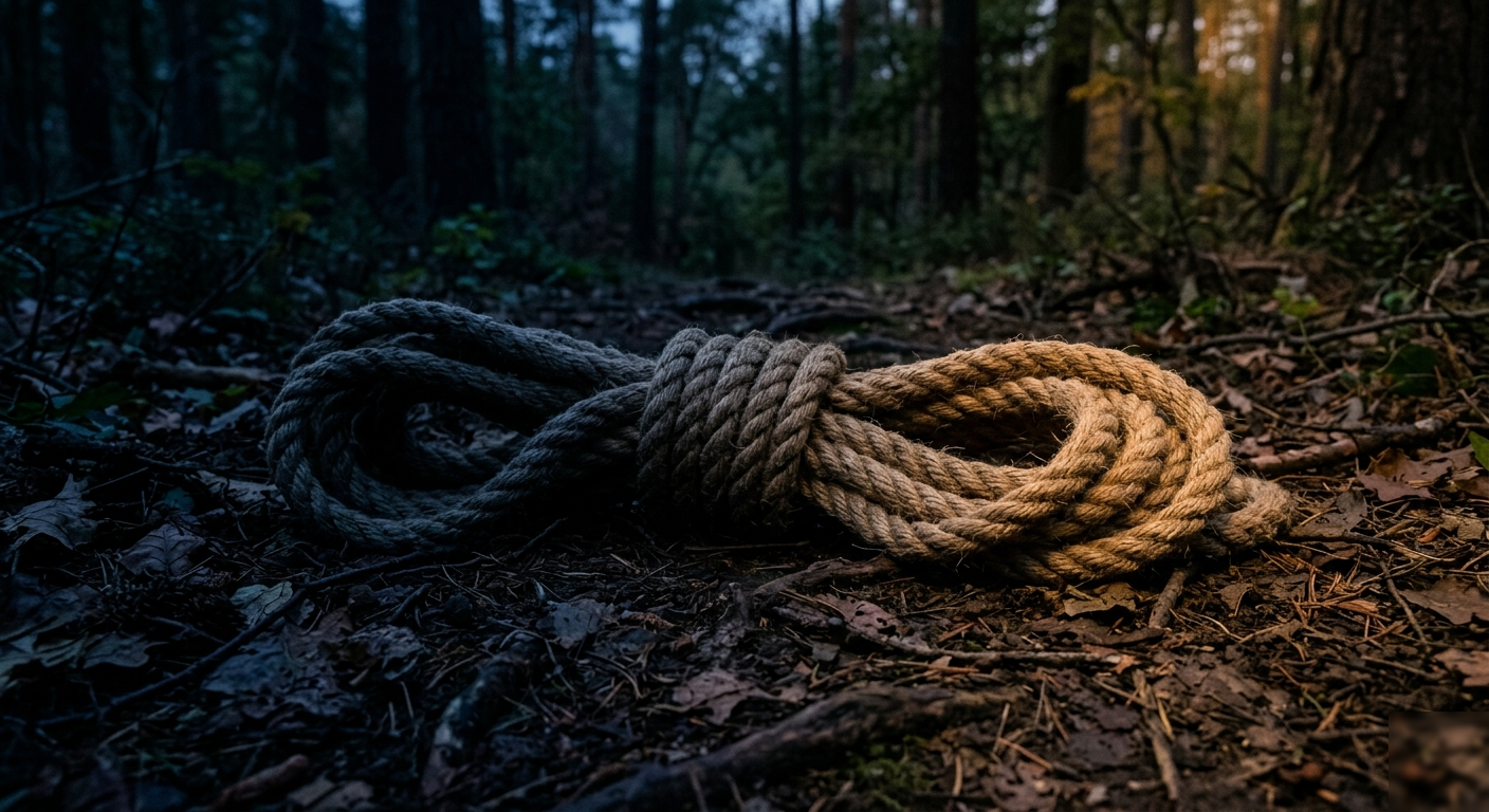 Une corde sur un sentier sombre — mi-ombre, mi-lumière dorée.