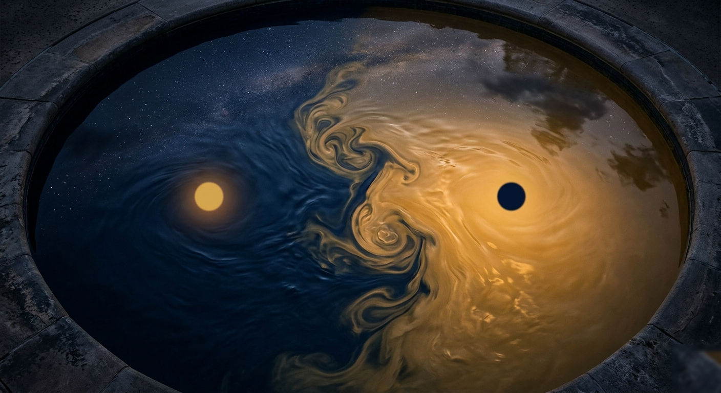 Un bassin circulaire vu du dessus — bleu nuit et or ambré en mouvement.