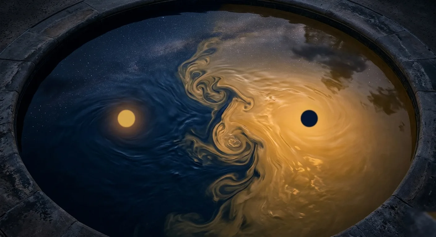 Un bassin circulaire vu du dessus — bleu nuit et or ambré en mouvement.