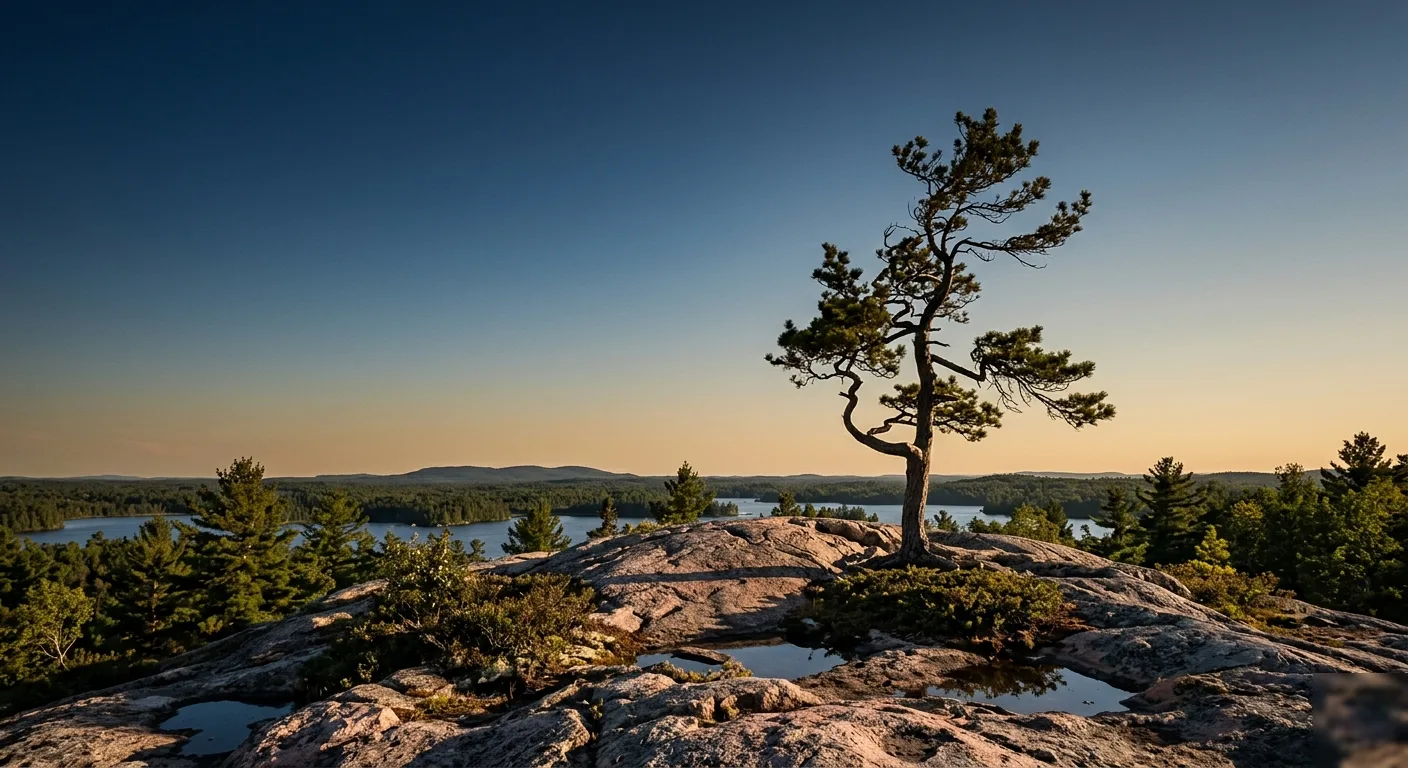 Un pin gris solitaire sur un promontoire rocheux, silhouette calligraphique contre le ciel.