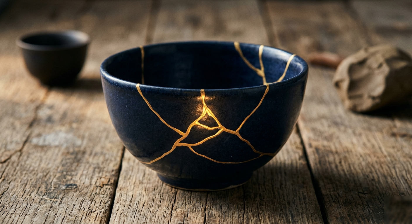 Un bol sombre réparé à l'or — kintsugi, la brisure célébrée.