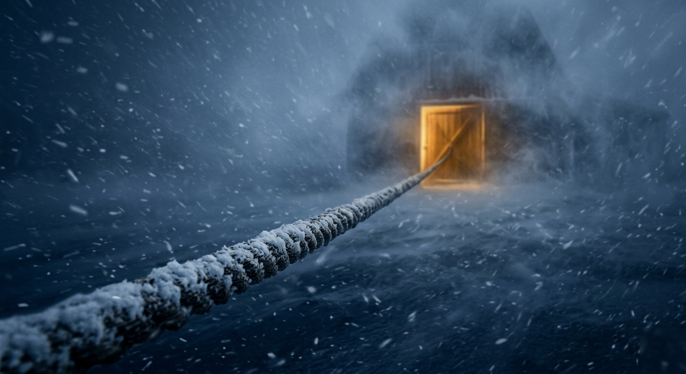 Une corde tendue dans un blizzard menant vers une grange éclairée d'une lumière ambrée.