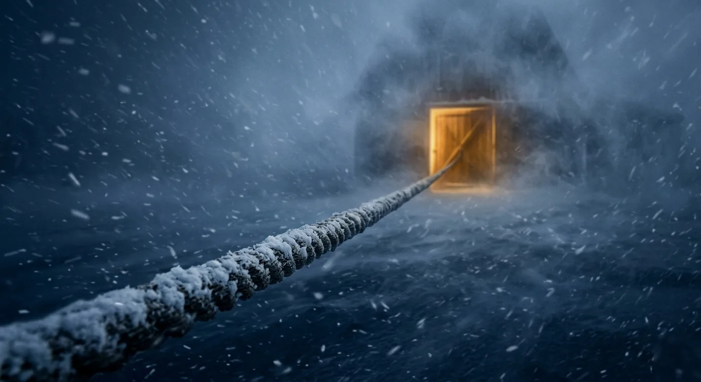 Une corde tendue dans un blizzard menant vers une grange éclairée d'une lumière ambrée.